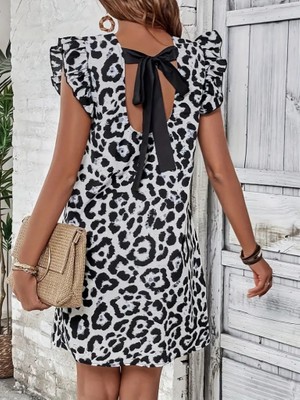Gökyüzü Moda Kadın Kısa Kollu Kolları Fırfır Detay Arkası Bağlamalı Leopar Desen Kolsuz Mini Mikro Elbise