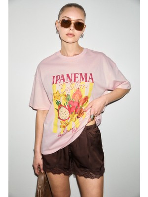 Grimelange Wuna Kadın Yumuşak Kumaşlı %100 Organik Pamuklu Baskı Detaylı Pembe T-Shirt