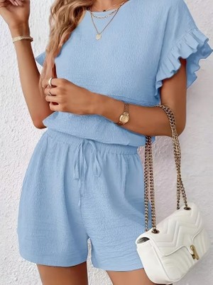 Alyn Wear Kadın Kısa Kollu Bisiklet Yaka Bürümcük Bluz ve Kısa Short Ikili Takım