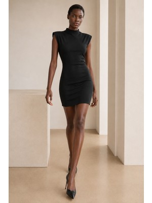 Woman Vision Siyah Krep Kumaş Dik Yaka Vatkalı Mini Abiye Elbise 77159