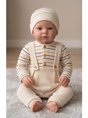 Mini Cayzen Baby Erkek Bebek Çizgili Waffle Salopet Tulum ve Bere Seti %100 Pamuk