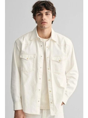 Gant Mens Relaxed Fit Rel Denim Rodeo Shirt Erkek Kanvas Klasik Yaka Çıt Çıtlı Rahat Kesim Gömlek Krem
