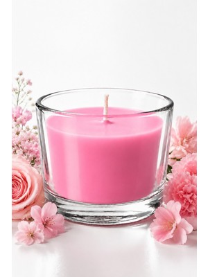 Estoria Coffee Pembe Çiçekler Kokulu Bardak Mum | 20 Saat Yanma | Uçuk Pembe | Cam Kap | 7,8 × 6 cm