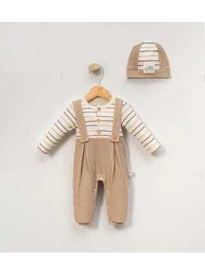 Mini Cayzen Baby Erkek Bebek Çizgili Waffle Salopet Tulum ve Bere Seti %100 Pamuk