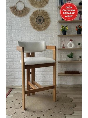 Silla T Bar Sandalyesi Teddy Krem Kumaş Bar Sandalyesi Naturel Ahşap Ada Sandalye