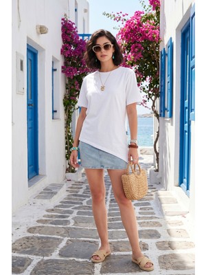 Lela Pamuklu Yanı Büzgülü Asimetrik Kesim Bisiklet Yaka T Shirt Bayan T Shirt 5867017
