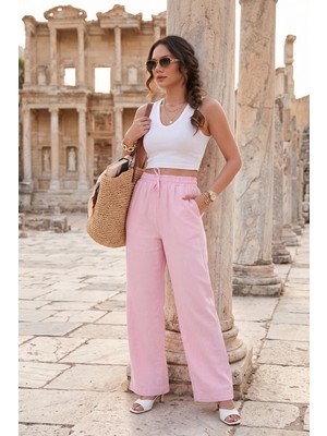 Lela Pamuklu Belden Bağlamalı Yüksek Bel Geniş Paça Cepli Regular Fit Pantolon Bayan Pantolon 668YP4760