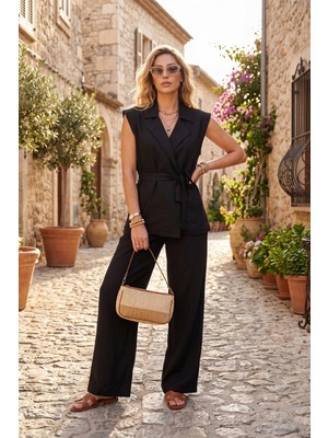 Lela Kruvaze Yaka Bağlama Detaylı Geniş Paça Takım Bayan Takım 5866393