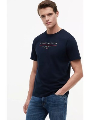 Erkek Kısa Kol Bisiklet Yaka Tommy Hilfiger Yazı Desen Slim Fit Lacivert T-Shirt MW0MW44359-DW5