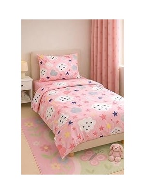 Belirtilmemiş Lüks%80 Pamuklu Tek Kişilik Nevresim Takımı Pembe Çocuk Yıldız Bulut Desen + Lastikli Çarşaf +1 Ade