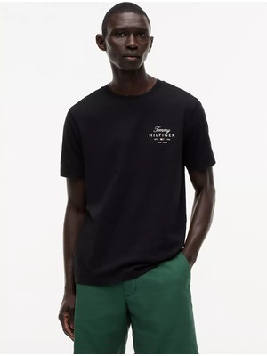 Erkek Kısa Kol Bisiklet Yaka Tommy Hilfiger Yazı Desen Slim Fit Siyah T-Shirt MW0MW43224-BDS