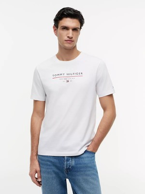 Erkek Kısa Kol Bisiklet Yaka Tommy Hilfiger Yazı Desen Slim Fit Beyaz T-Shirt MW0MW44359-YBR