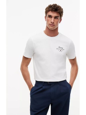 Erkek Kısa Kol Bisiklet Yaka Tommy Hilfiger Yazı Desen Slim Fit Beyaz T-Shirt MW0MW43224-YBR