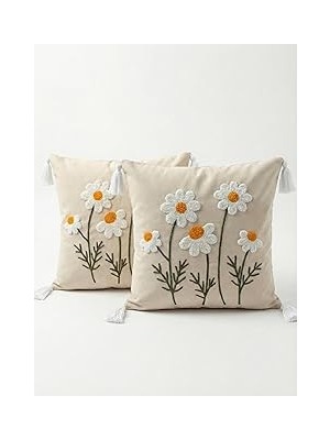 Belirtilmemiş Orret Home 2 Adet 40X40 cm Punch Papatya Desenli Gizli Fermuarlı Kırlent Kılıfı Dekoratif Yastık Kı