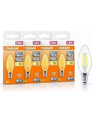 Belirtilmemiş Osram LED Mum Ampul 4W E14 2700K Dimmer Uyumlu 4'lü Paket 470 Lümen Sarı Işık Şeffaf Filament Ampul