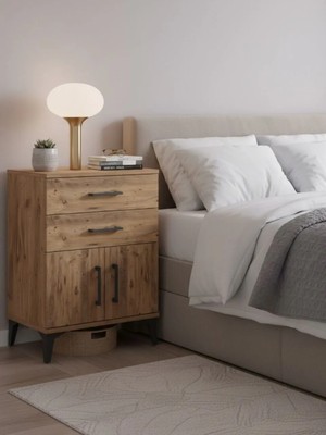 Kronos Komodin Tek Raflı 2 Çekmeceli 2 Kapaklı 60X59X80 Çam-Çam