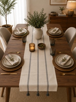 Livera Home %100 Pamuk Buldan Işi Lüks Keten Masa Runner (Gri Çizgili - 40X140 Cm)