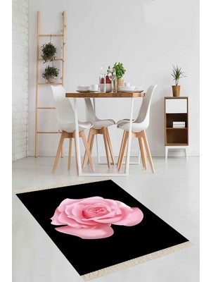 Belirtilmemiş Pelangi Siyah Gül Desenli Dijital Baskı Yıkanabilir Halı, Siyah-Pembe 100 x 200