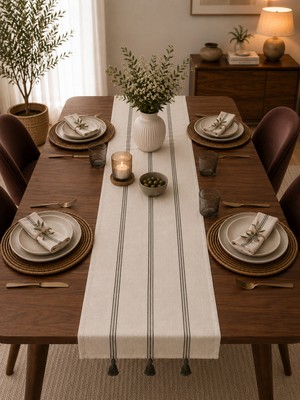 Livera Home %100 Pamuk Buldan Işi Lüks Keten Masa Runner (Yeşil Çizgili - 40X140CM)