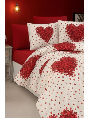 Belirtilmemiş Lüks%80 Pamuklu Çift Kişilik Nevresim Takımı Seti Yorgan Kılıfı Kırmızı Kalp Desen 220X200 cm + Las