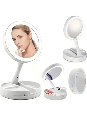 Belirtilmemiş Genel LED Işıklı Makyaj Aynası, 10X Büyüteç, Katlanabilir Tasarım, USB Şarjlı, 15.5cm Çap, Beyaz
