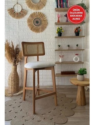 Silla Zion Bar Sandalyesi Teddy Krem Kumaş Hasırlı Bar Sandalyesi Naturel Ahşap Ada Sandalye