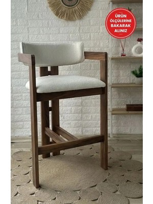 Silla T Bar Sandalyesi Teddy Krem Kumaş Bar Sandalyesi Ceviz Ahşap Ada Sandalye