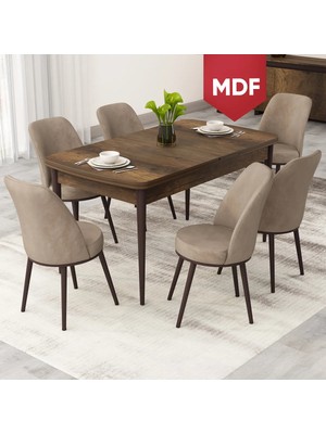 Canisa Rax Serisi Açılabilir MDF 80x132 Barok Ahşap Desen Mutfak Masası Takımı 6 Cappucino Babyface Sandalye