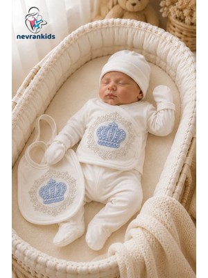 Nevrankids Erkek Bebek Hastane Çıkışı 5'li Set Prens Taç Nakışlı Taşlı Yenidoğan Takımı