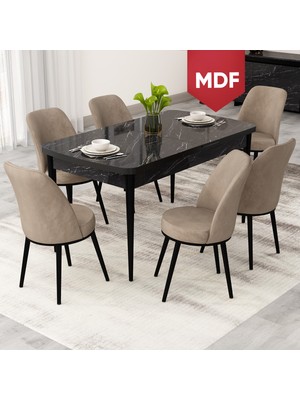 Canisa Rax Serisi Açılabilir MDF 80X132 Siyah Mermer Desen Mutfak Masası Takımı ve 6 Sandalye