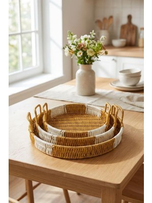 Belirtilmemiş Buffer Iç Içe Geçebilen 3'lü Yuvarlak Plastik Rattan Tepsi Seti, Hasır Görünümlü, Bej, 28X31.5X35 C
