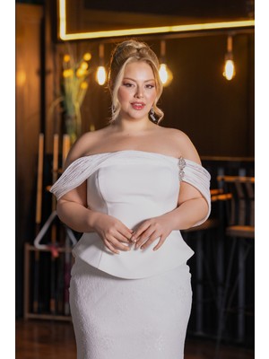 Abiyefon Düşük Omuz Peplum Uzun Dantel Büyük Beden Abiye ABU5876