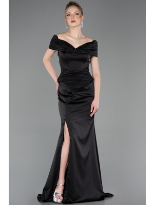 Abiyefon Drapeli Kayık Yaka Peplum Uzun Saten Abiye ABU5785