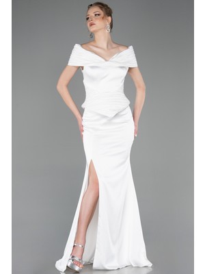 Abiyefon Drapeli Kayık Yaka Peplum Uzun Saten Abiye ABU5785