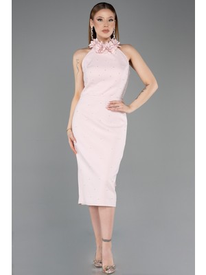 Abiyefon Çiçekli Halter Yaka Inci Detay Midi Davet Elbisesi ABK2551