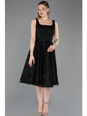 Abiyefon Kolsuz Kare Yaka Pullu Midi Dantel Gece Elbisesi ABK2549