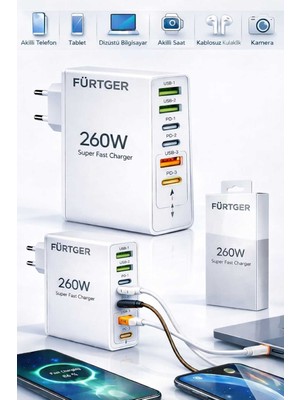 Fürtger Alman  260W  3  Type-C + 3 Usb-A Toplam 6 Çıkışlı  Süper Hızlı  Şarj Aleti