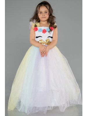 Abiyefon Unicorn Baskılı Pastel Renk Geçişli Tül Kız Çocuk Abiye Elbise ABU5908