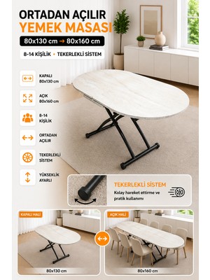 Ortadan Açılır Oval Akıllı Masa Mdf Tabla Traverten Alt Ayak Metal