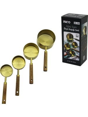 Akıllı Bayi 4 Pcs Gold Metal Ölçü Kaşık Seti Otantik Ağaç Kulp 250ML - 125ML - 80ML - 60ML