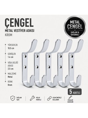 Badem10 (5 Adet) Çengel Metal Portmanto Vestiyer Duvar Dolap Elbise Askısı Krom Mobilya Askılığı Aparatı
