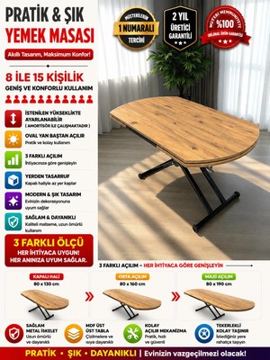 Yan Baştan Açılır Oval Akıllı Yemek Masası Mdf Tabla Alt Mekanizma Metal Siyah Renk