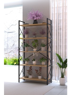 Awox Manolya 5 Raflı Metal Çiçeklik 180X90 cm Dekoratif Bitki Standı Çok Amaçlı Kitaplık Salon Balkon Ofis Raf Ünitesi