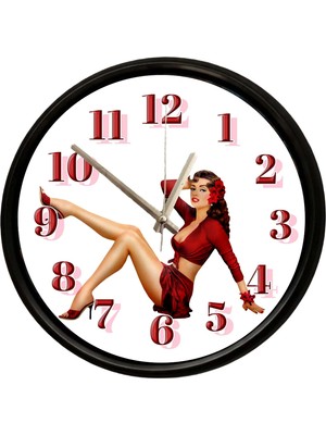 Caseras Vintage Pin-Up Kadın Tasarımlı Dekoratif Duvar Saati 28 cm Sessiz Mekanizma