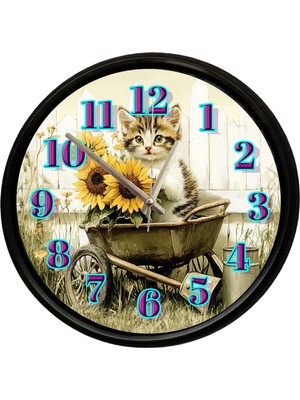 Caseras Ayçiçekleri ve Sevimli Yavru Kedi Dekoratif Duvar Saati 28 cm Sessiz Mekanizma