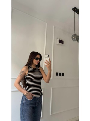 Daves Çizgili Bisiklet Yaka Pamuklu Bluz