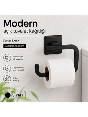 Badem10 Modern Siyah Wc Kağıtlık Banyo Tuvalet Kağıdı Askısı Duvara Monte Şık Mat Tasarım Aksesuar