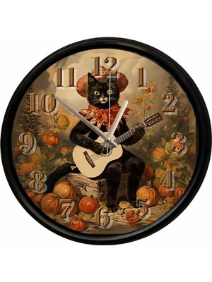 Caseras Gitar Çalan Siyah Kedi Temalı Duvar Saati 28 cm – Sessiz Mekanizma Dekoratif Tasarım
