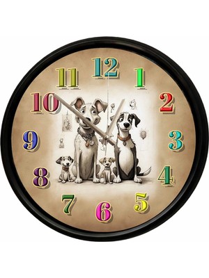 Caseras Sevimli Köpek Ailesi Temalı Duvar Saati 28 cm – Sessiz Mekanizma Dekoratif Tasarım