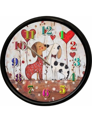 Caseras Aşk Temalı Sevimli Köpekler Dekoratif Duvar Saati 28 cm Sessiz Mekanizma